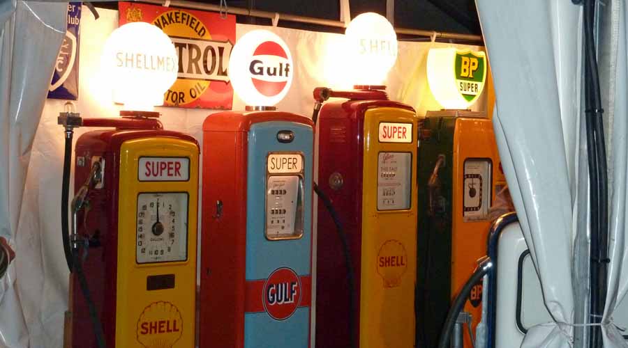 Vintage petrol pumps are just one of the many delights to be found in the retail village at the Goodwood Revival